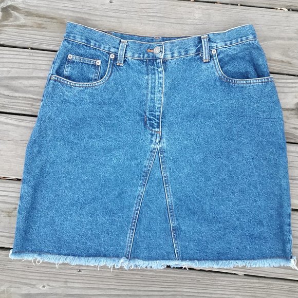 Vintage Denim Skirt Jeans w/ Fringe Aline Mini Distressed Frayed Edge L-XL - Picture 6 of 8